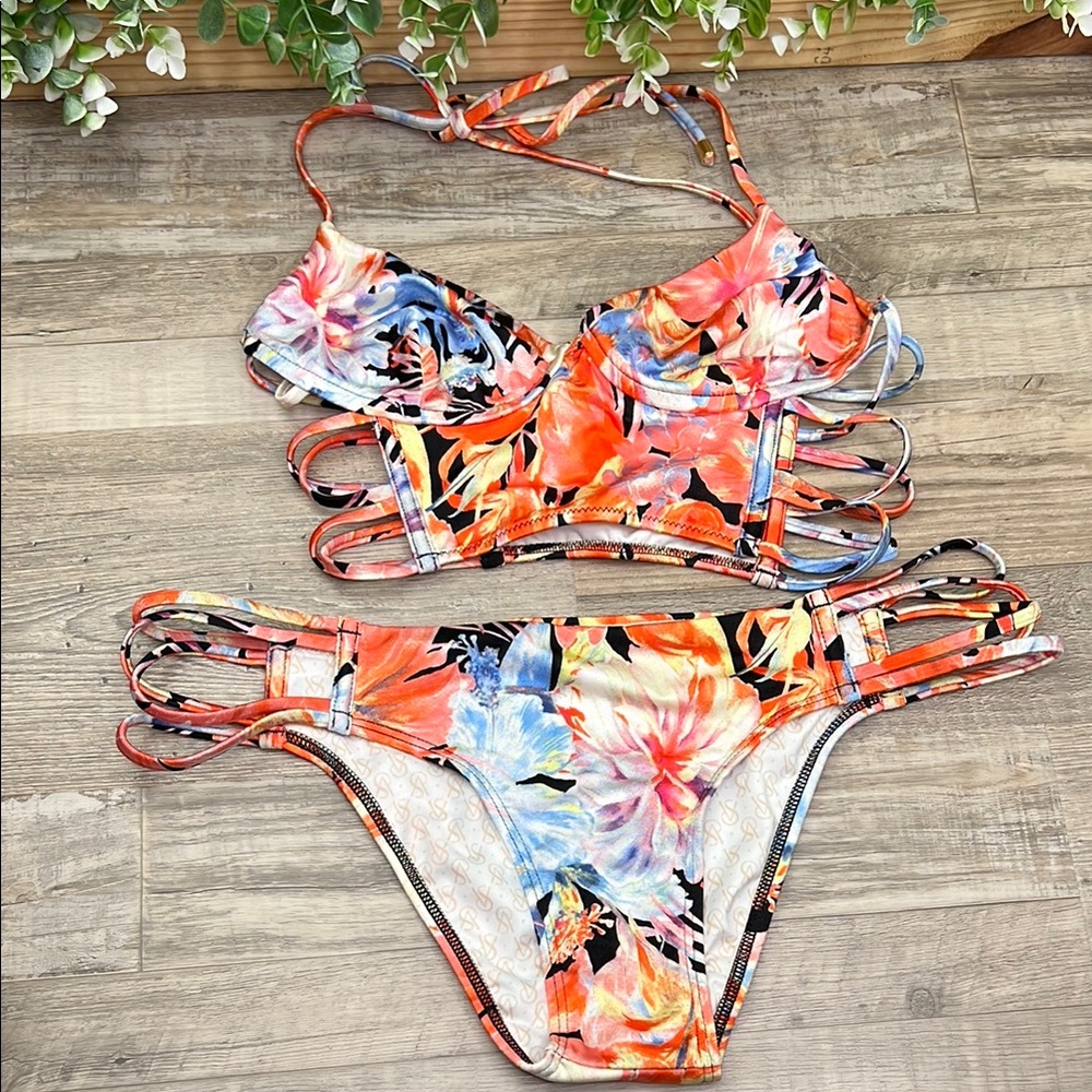 Victoria's Secret Strappy Longline Tropical Floral Bikini Swim Set NEW - Picture 2 of 16